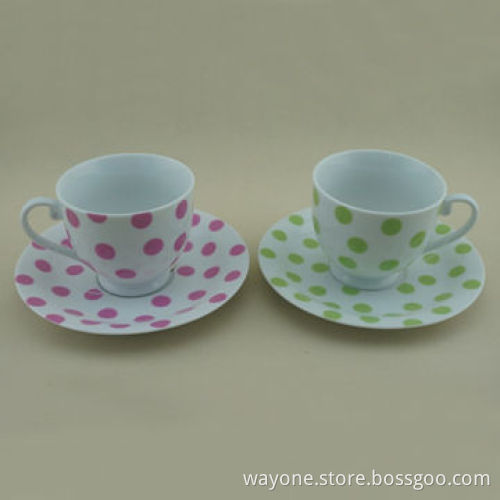 180cc Tea Cup and Saucer Set, Elegant Shape, Super White, Pink/Green Dot Decal, for Promotions